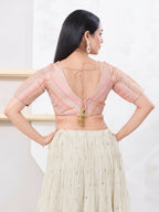 Joban Fashion Peach Jacquard Elbow Sleeveless Back Open Blouse | Grocsy