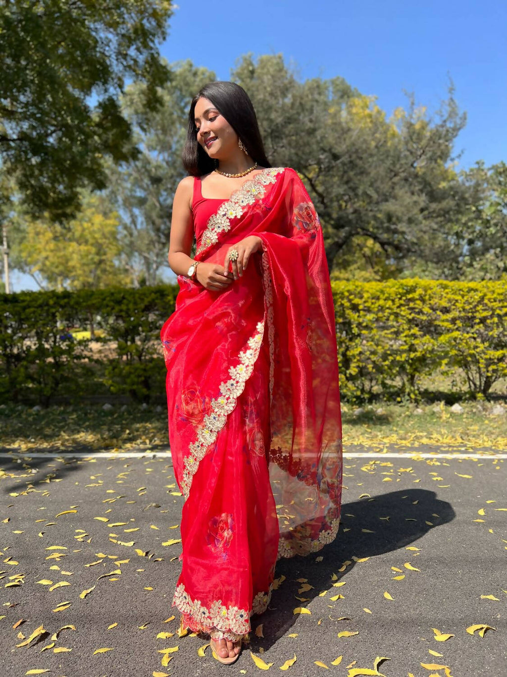 Vamsee Red Organza Saree | Grocsy