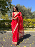 Vamsee Red Organza Saree | Grocsy