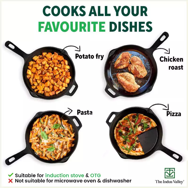 The Indus Valley Super Smooth Cast Iron Frypan, Pre-seasoned, Nonstick, 100% Pure,Toxin-free, Tadka Pan, 25.4cm, 1.7L, 2.4kg | Grocsy