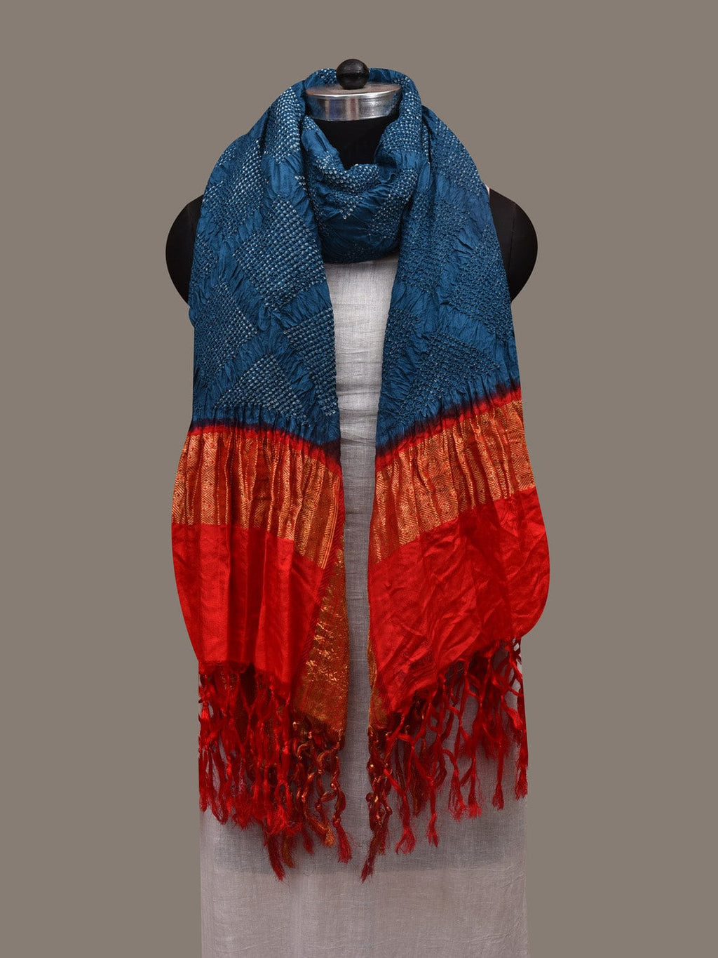 Teal and Red Bandhani Kanchipuram Silk Handloom Dupatta with Border Design - Global Threads | Grocsy