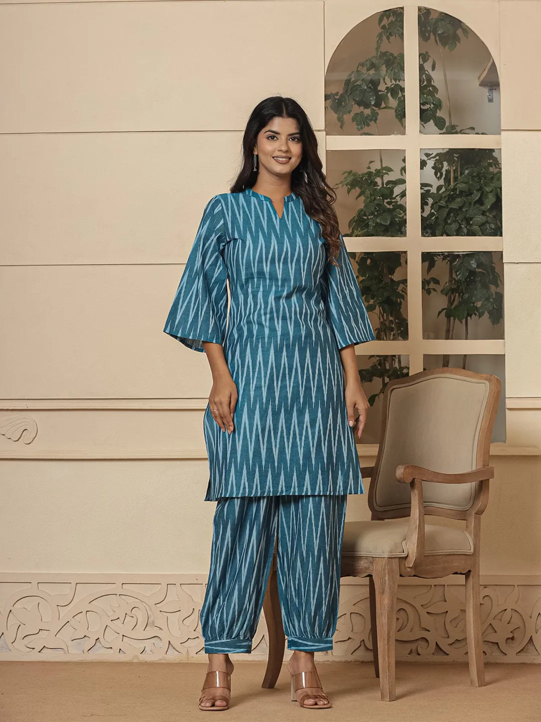 Yufta Teal Blue Cotton Ikat Co-Ord Set | Grocsy