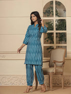 Yufta Teal Blue Cotton Ikat Co-Ord Set | Grocsy