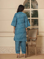 Yufta Teal Blue Cotton Ikat Co-Ord Set | Grocsy
