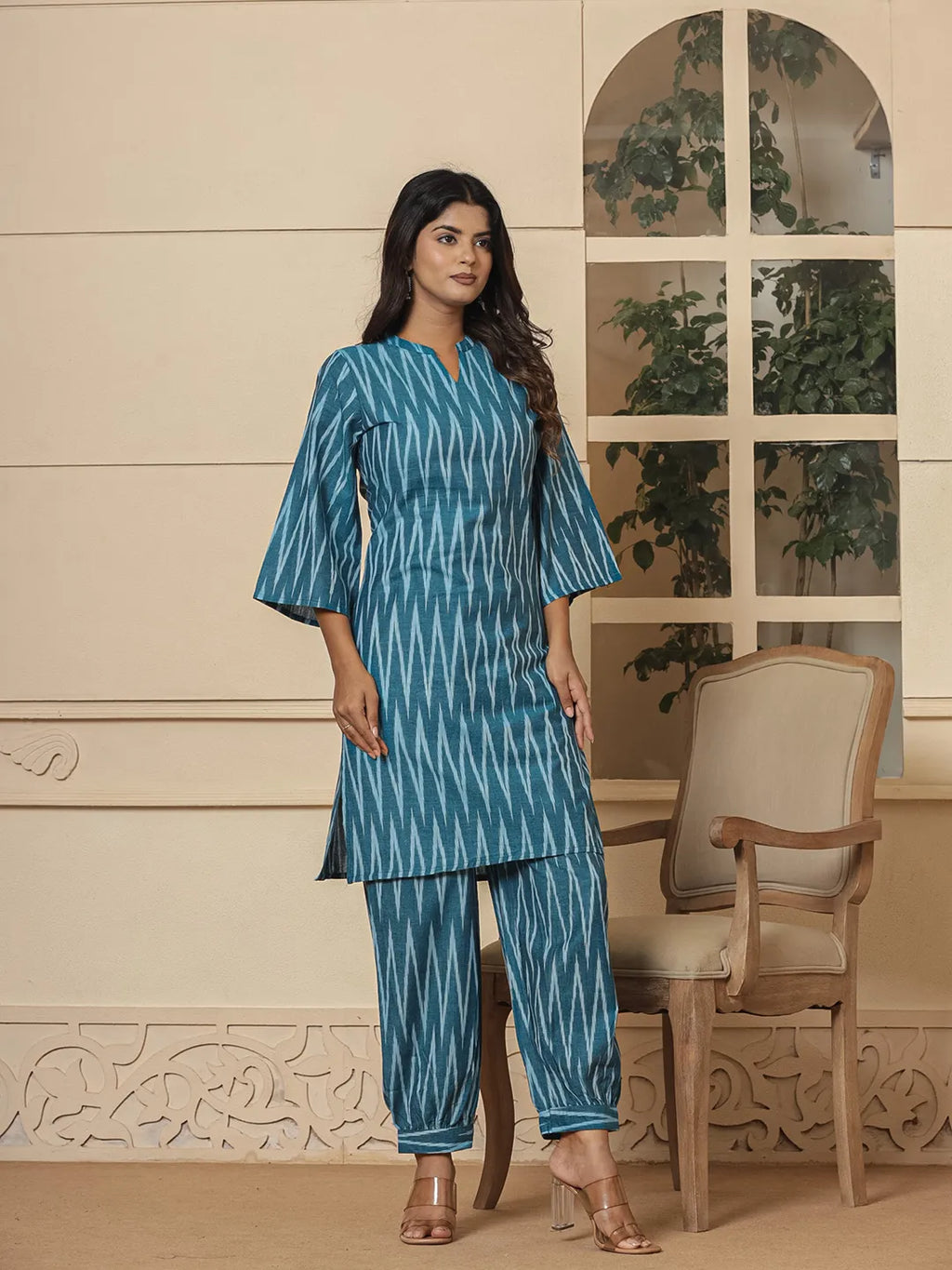 Yufta Teal Blue Cotton Ikat Co-Ord Set | Grocsy