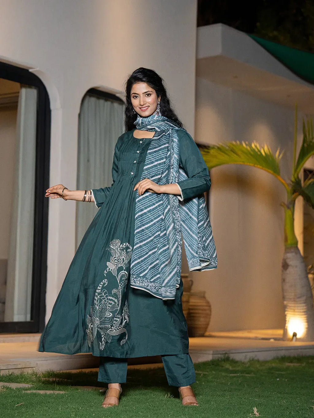 Yufta Teal Blue Embroidered A-Line Kurta Dupatta Set | Grocsy