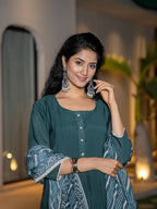 Yufta Teal Blue Embroidered A-Line Kurta Dupatta Set | Grocsy