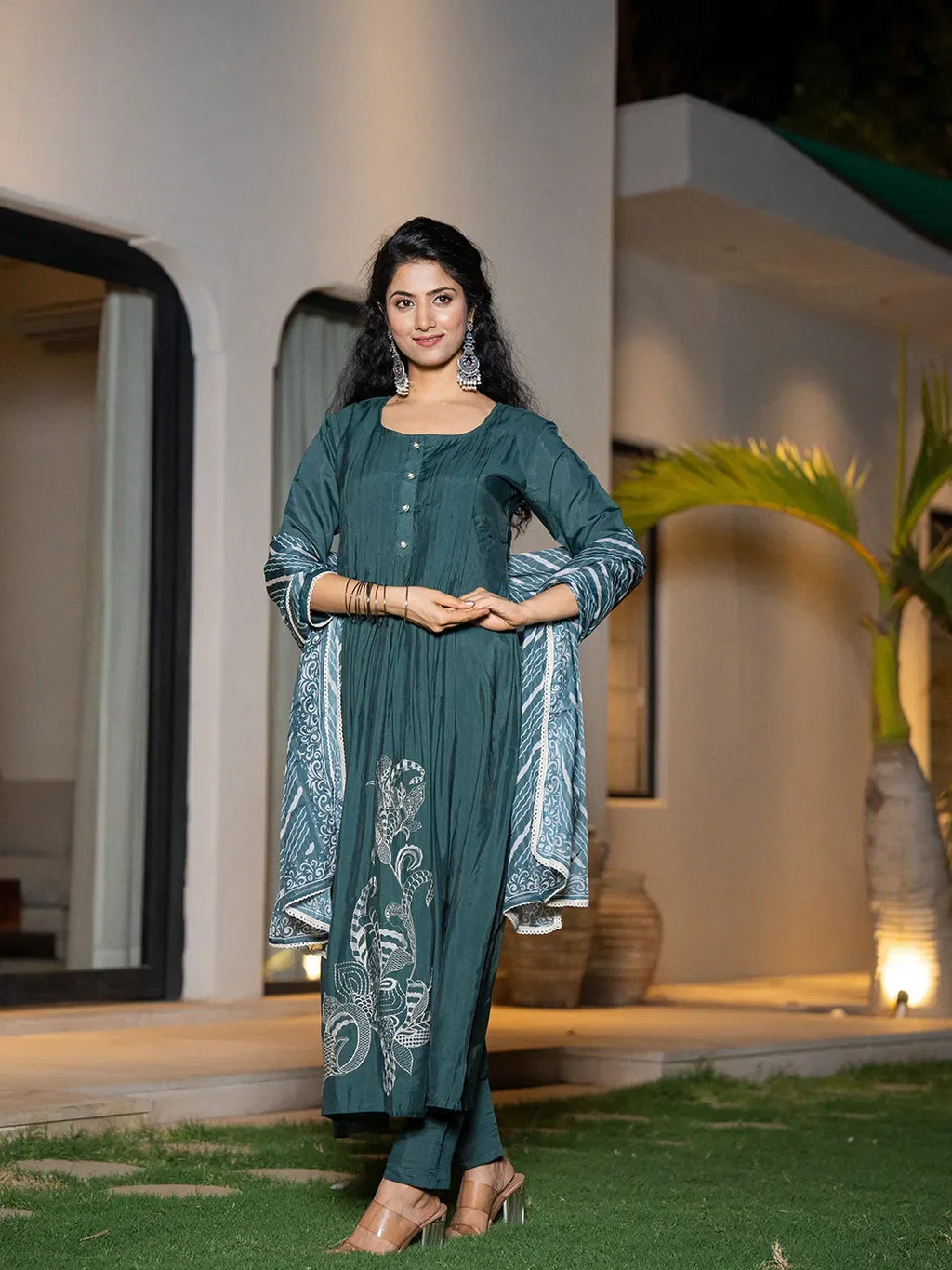 Yufta Teal Blue Embroidered A-Line Kurta Dupatta Set | Grocsy