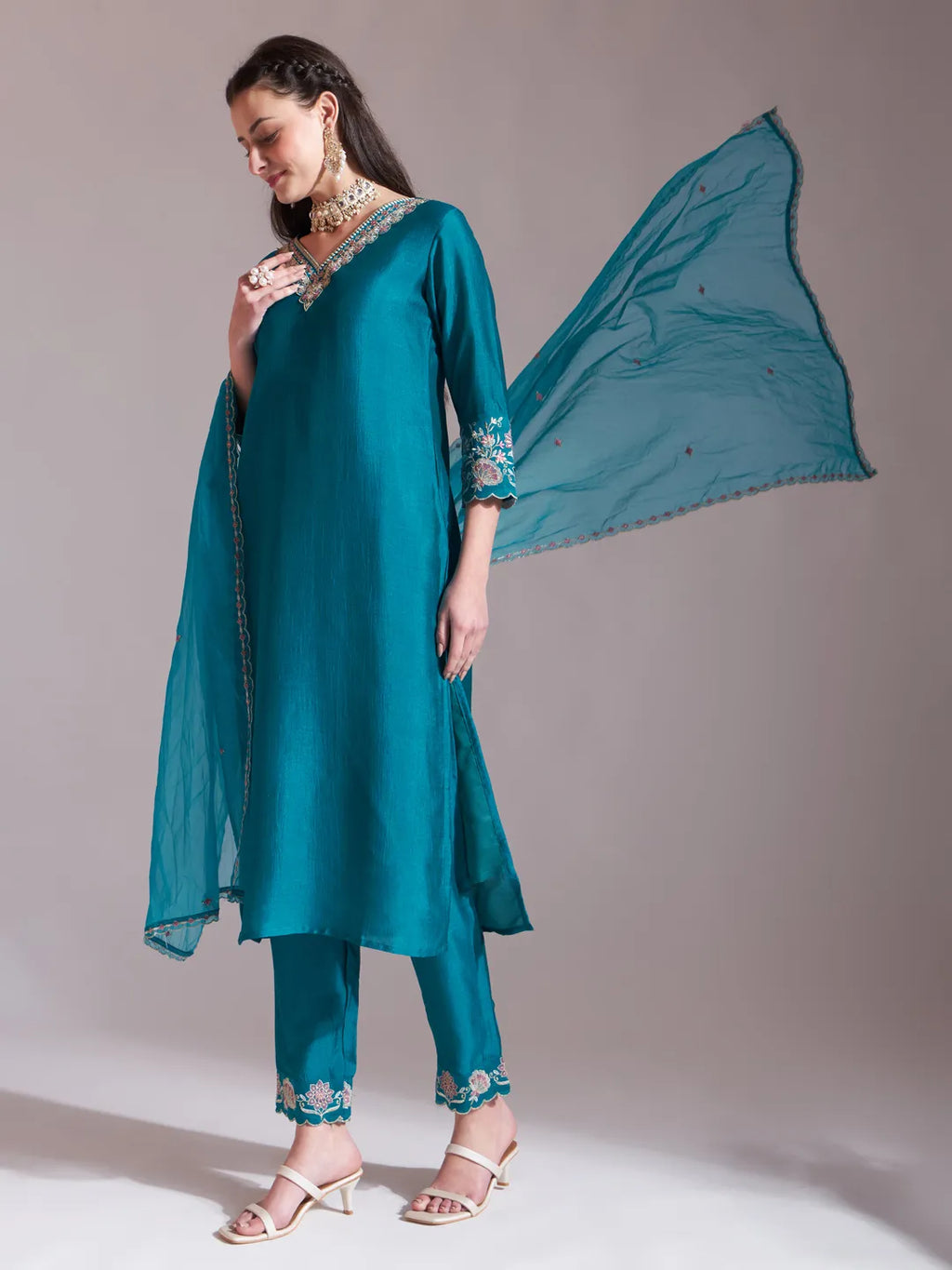 Yufta Teal Blue Embroidered Kurta With Pant And Dupatta Comes With Cotton Lining | Grocsy