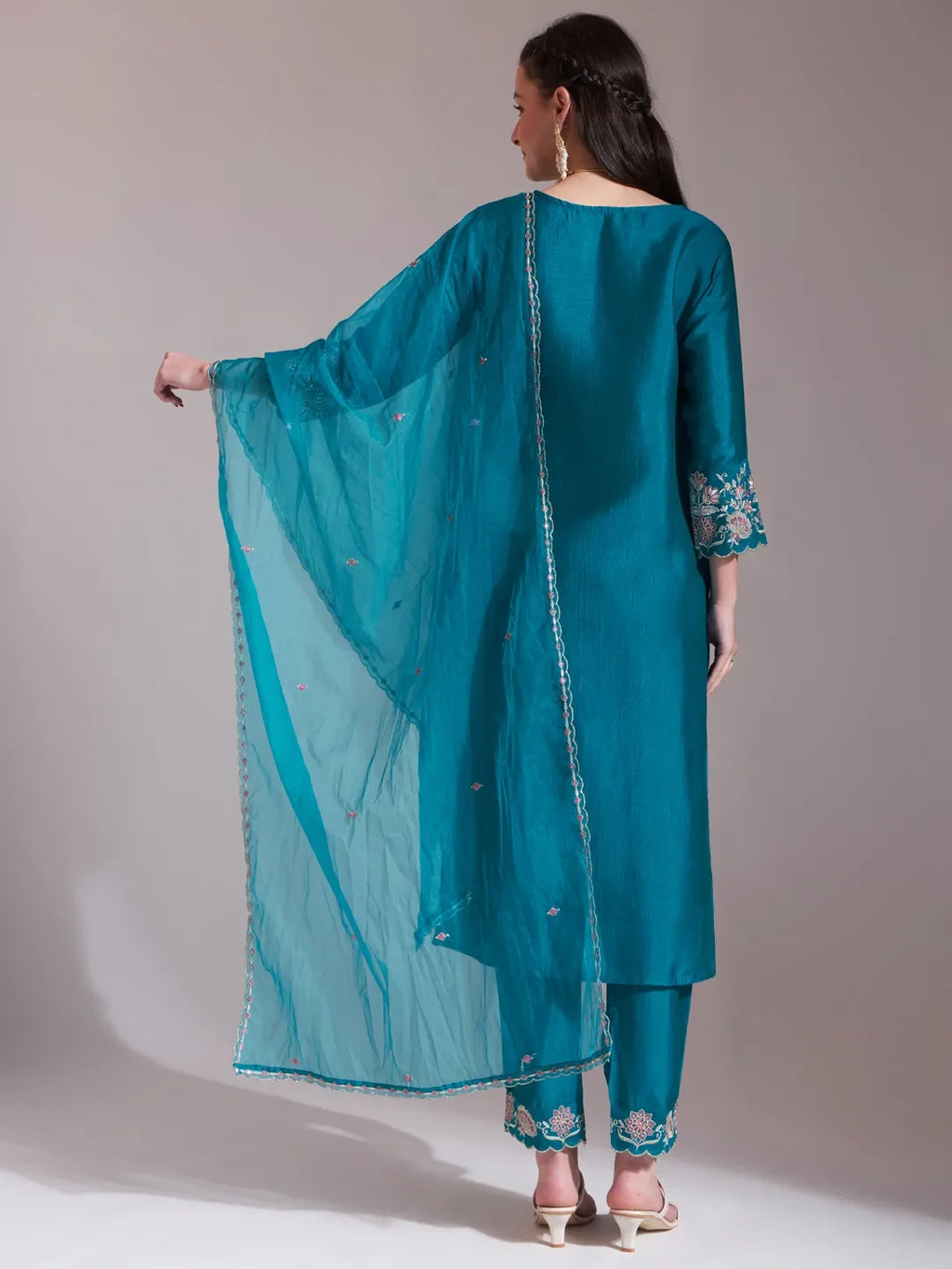 Yufta Teal Blue Embroidered Kurta With Pant And Dupatta Comes With Cotton Lining | Grocsy