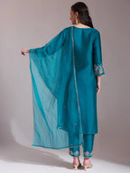 Yufta Teal Blue Embroidered Kurta With Pant And Dupatta Comes With Cotton Lining | Grocsy