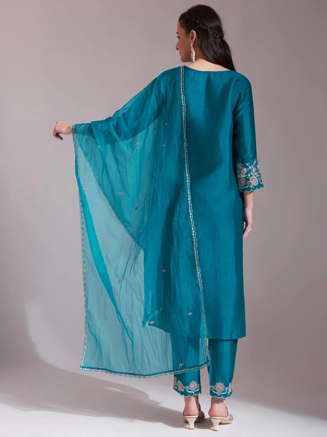 Yufta Teal Blue Embroidered Kurta With Pant And Dupatta Comes With Cotton Lining | Grocsy