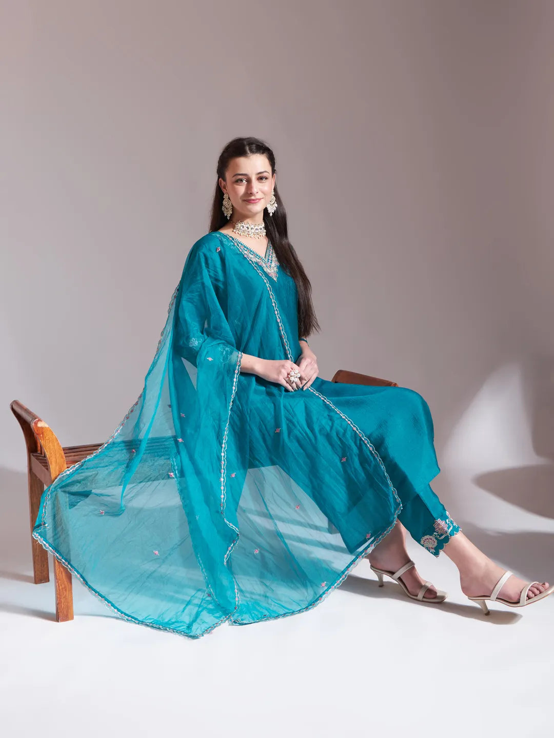 Yufta Teal Blue Embroidered Kurta With Pant And Dupatta Comes With Cotton Lining | Grocsy