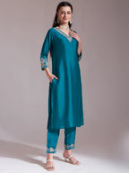 Yufta Teal Blue Embroidered Kurta With Pant And Dupatta Comes With Cotton Lining | Grocsy