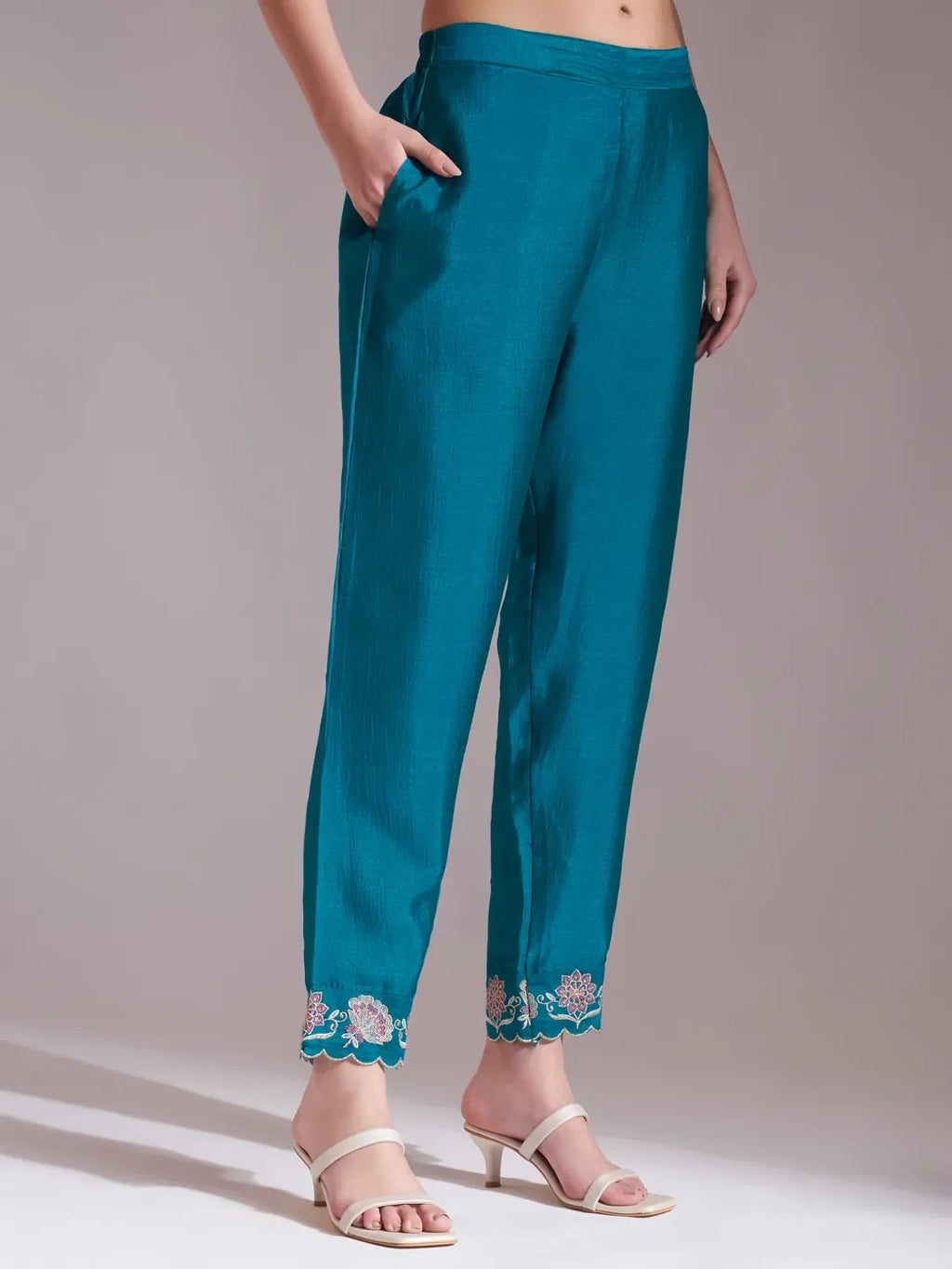 Yufta Teal Blue Embroidered Kurta With Pant And Dupatta Comes With Cotton Lining | Grocsy