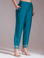 Yufta Teal Blue Embroidered Kurta With Pant And Dupatta Comes With Cotton Lining | Grocsy