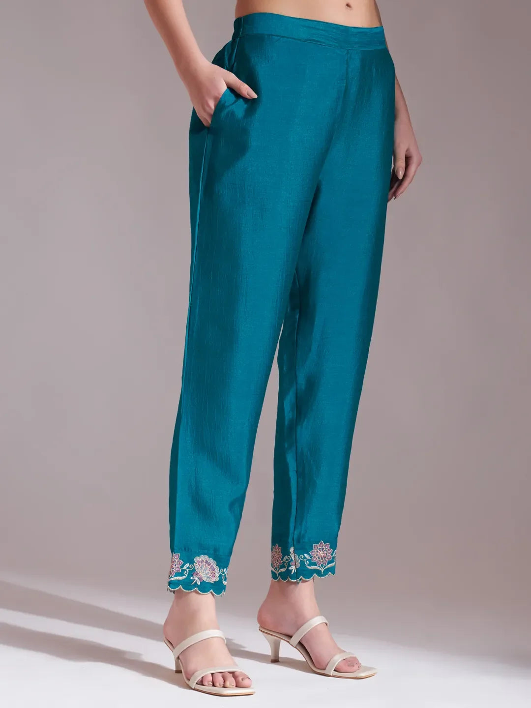 Yufta Teal Blue Embroidered Kurta With Pant And Dupatta Comes With Cotton Lining | Grocsy