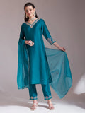Yufta Teal Blue Embroidered Kurta With Pant And Dupatta Comes With Cotton Lining | Grocsy