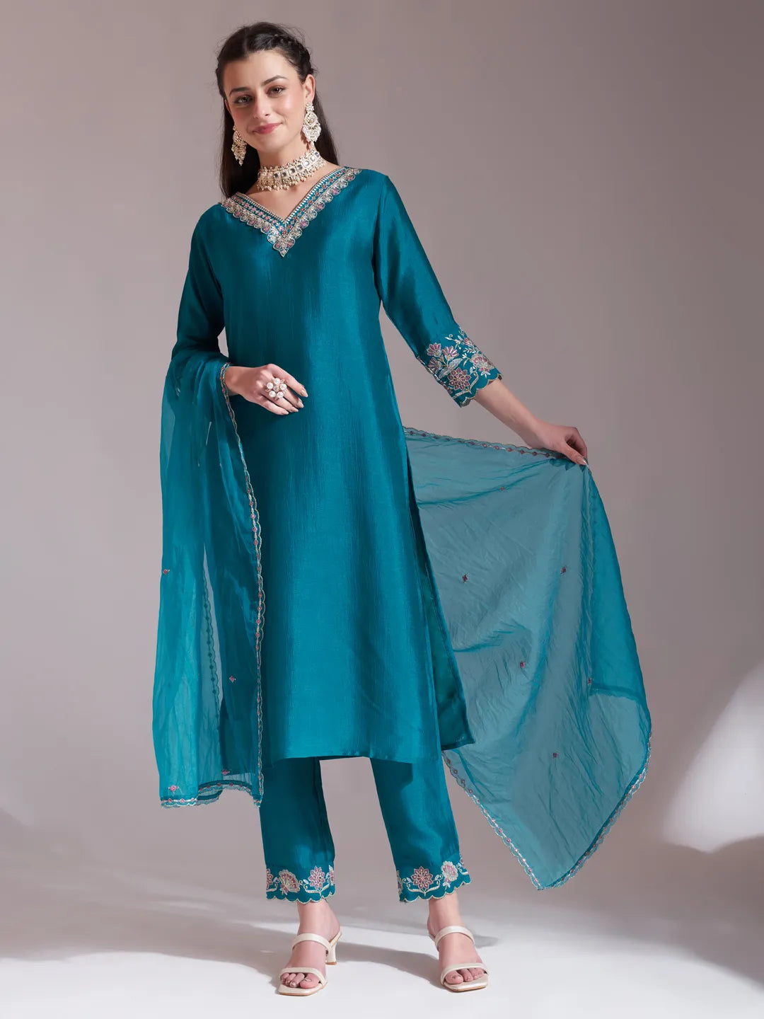 Yufta Teal Blue Embroidered Kurta With Pant And Dupatta Comes With Cotton Lining | Grocsy