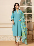 Yufta Teal Cotton Embroidered Kurta Dupatta Set | Grocsy