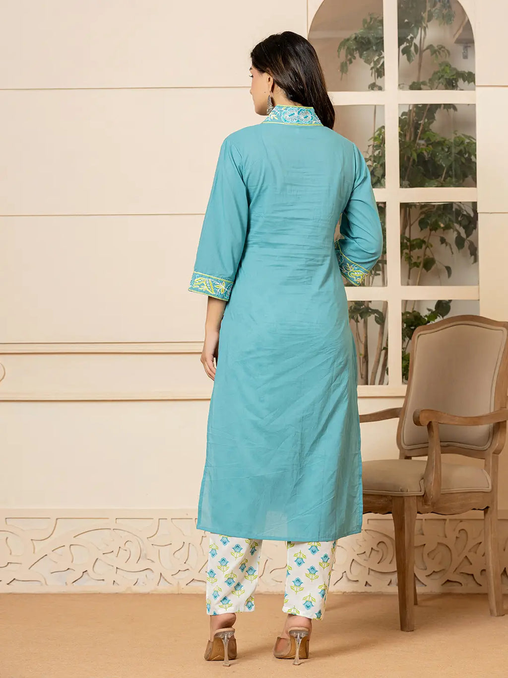 Yufta Teal Cotton Embroidered Kurta Dupatta Set | Grocsy