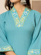 Yufta Teal Cotton Embroidered Kurta Dupatta Set | Grocsy