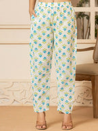 Yufta Teal Cotton Embroidered Kurta Dupatta Set | Grocsy