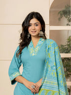 Yufta Teal Cotton Embroidered Kurta Dupatta Set | Grocsy