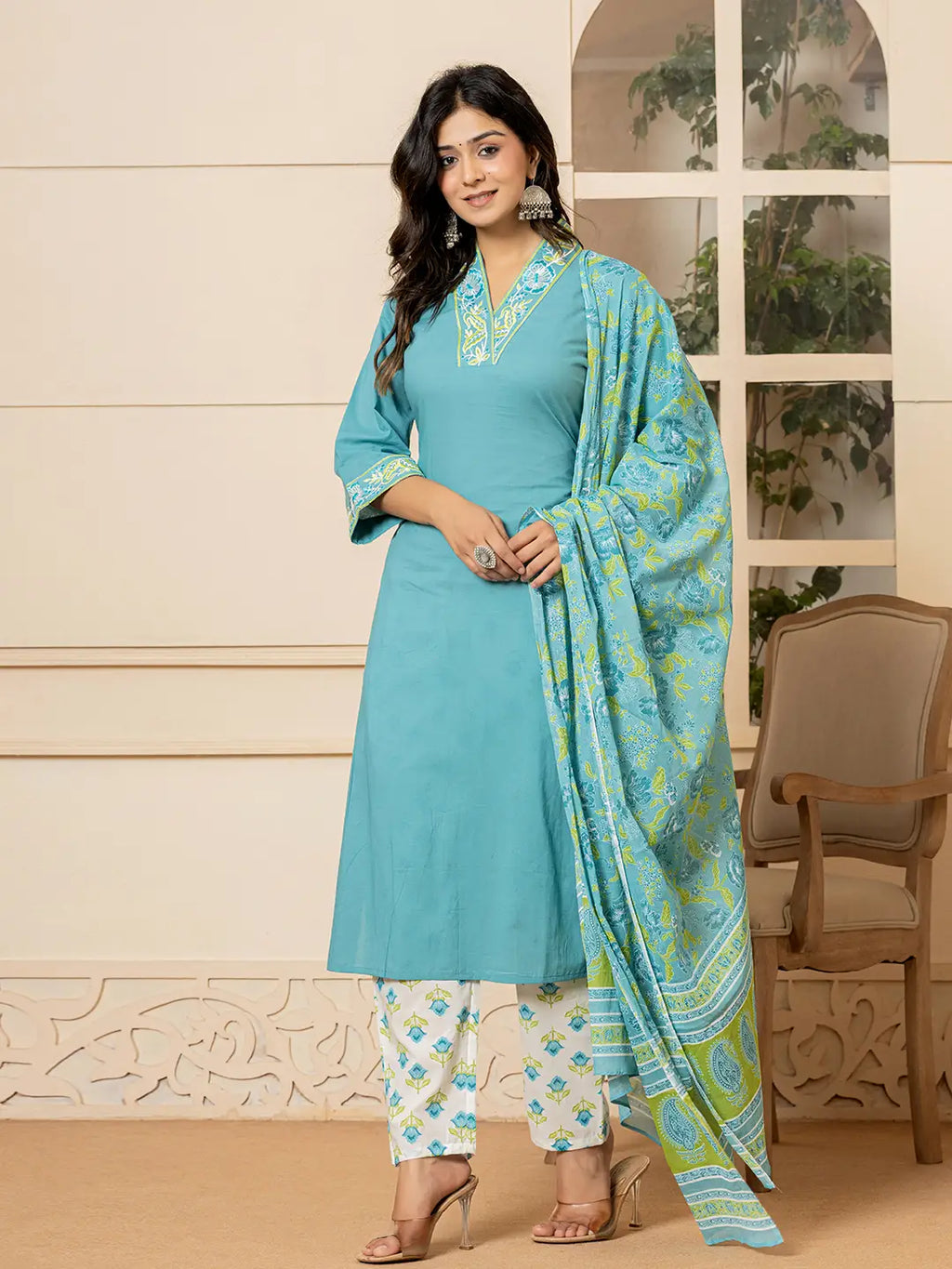 Yufta Teal Cotton Embroidered Kurta Dupatta Set | Grocsy