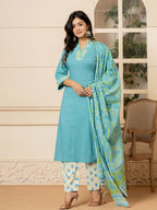 Yufta Teal Cotton Embroidered Kurta Dupatta Set | Grocsy