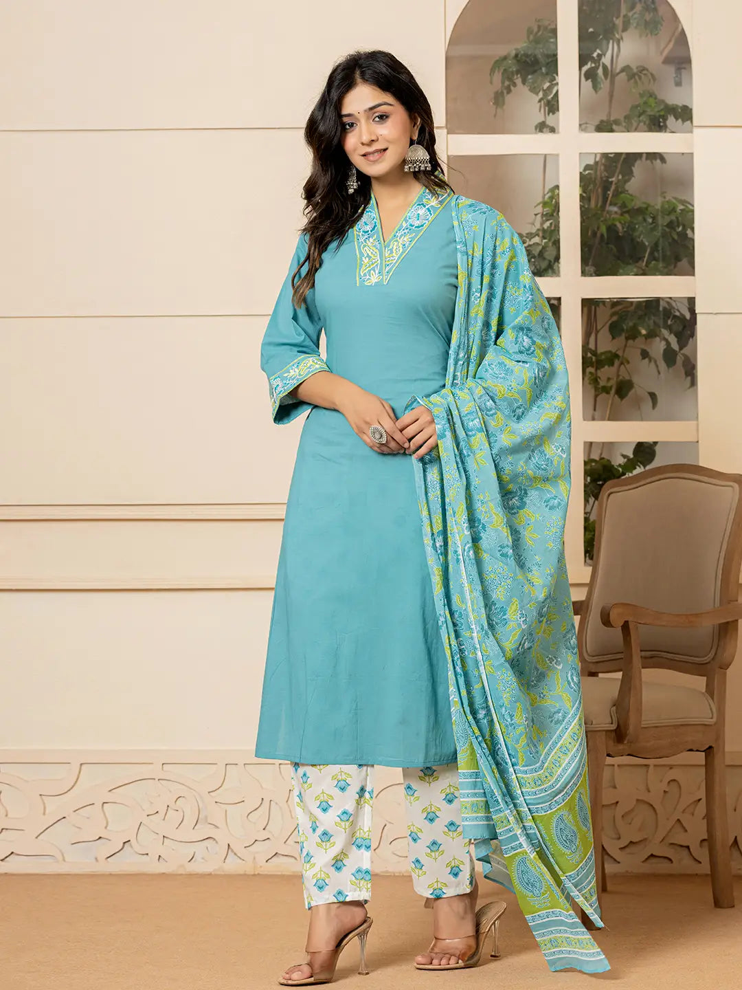 Yufta Teal Cotton Embroidered Kurta Dupatta Set | Grocsy
