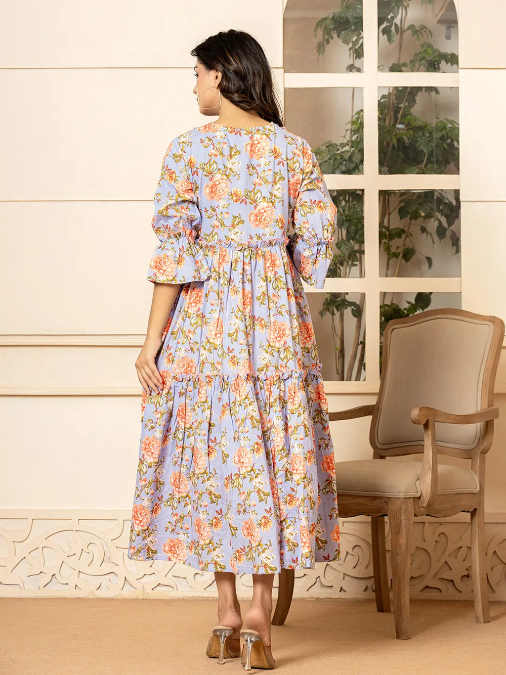 Yufta Violet Cotton Floral Print Tiered Dress With Ruffles | Grocsy