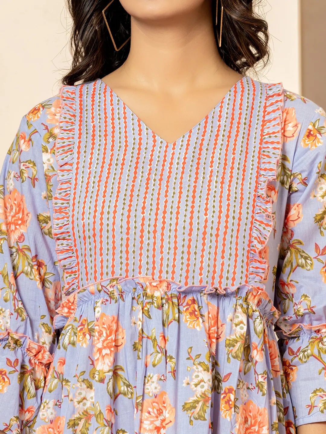 Yufta Violet Cotton Floral Print Tiered Dress With Ruffles | Grocsy