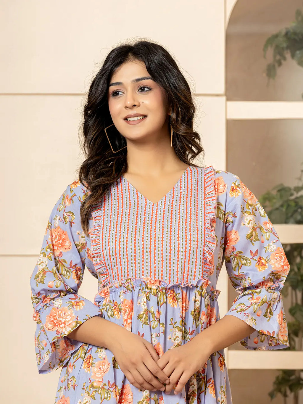 Yufta Violet Cotton Floral Print Tiered Dress With Ruffles | Grocsy