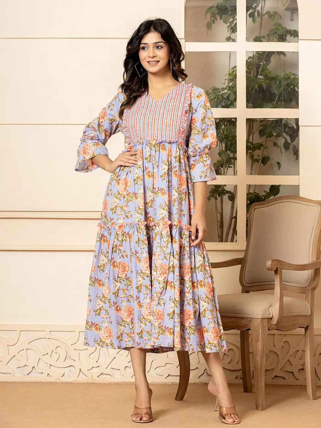Yufta Violet Cotton Floral Print Tiered Dress With Ruffles | Grocsy