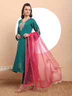 Yufta Teal Green Embroidered Kurta With Pant And Dupatta Comes With Cotton Lining | Grocsy