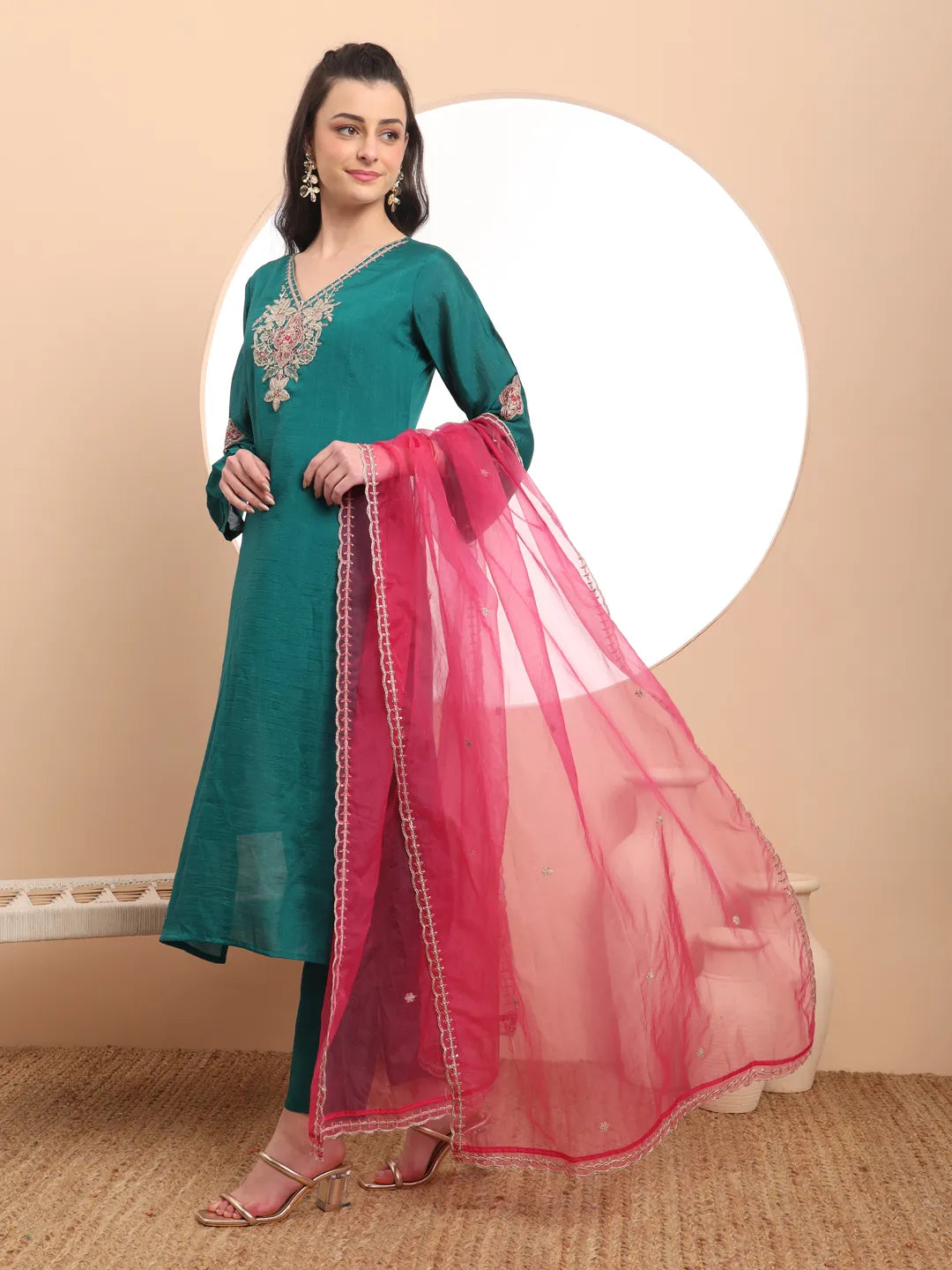 Yufta Teal Green Embroidered Kurta With Pant And Dupatta Comes With Cotton Lining | Grocsy
