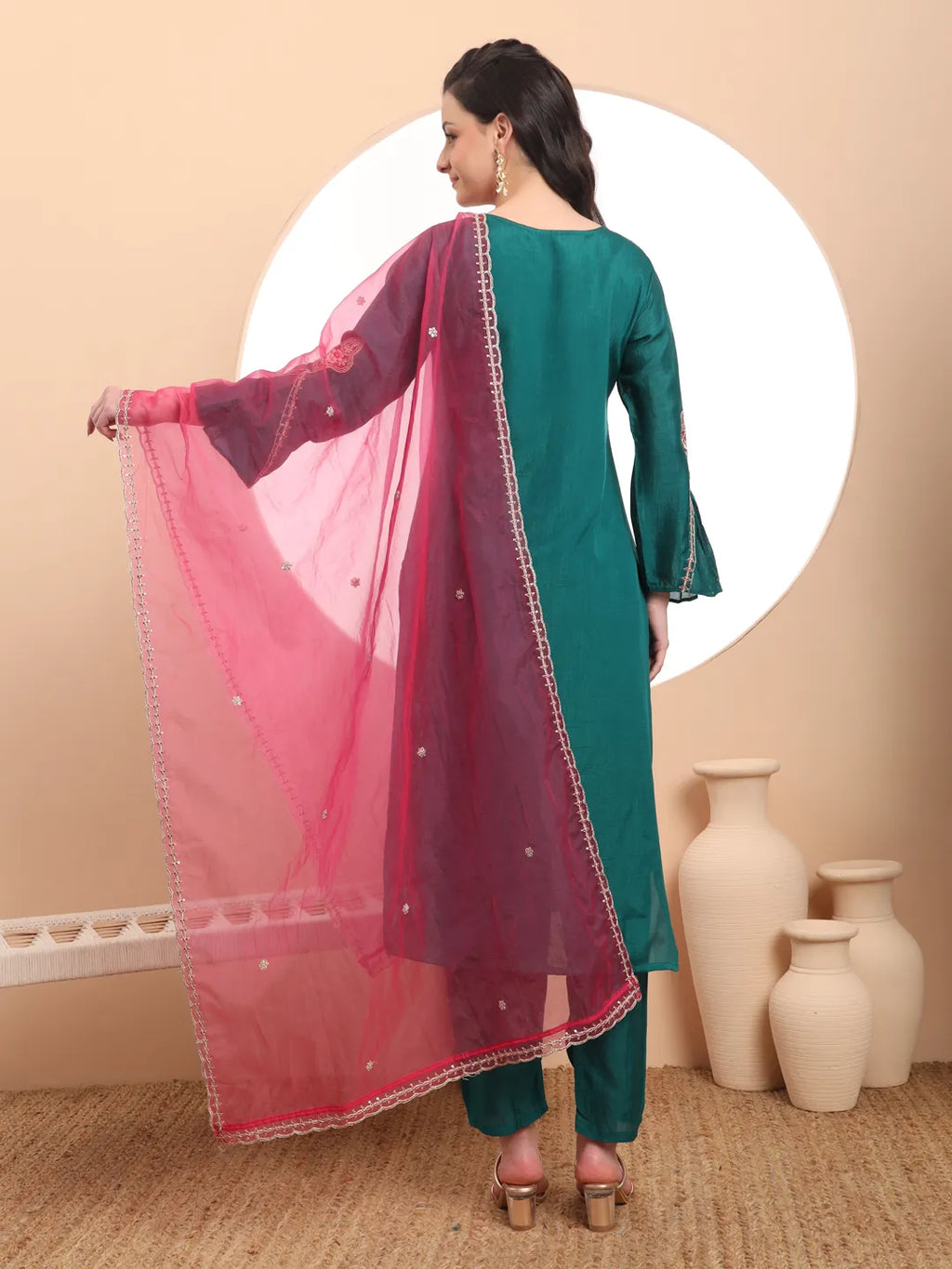 Yufta Teal Green Embroidered Kurta With Pant And Dupatta Comes With Cotton Lining | Grocsy
