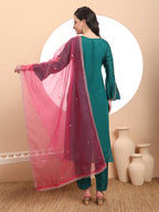 Yufta Teal Green Embroidered Kurta With Pant And Dupatta Comes With Cotton Lining | Grocsy