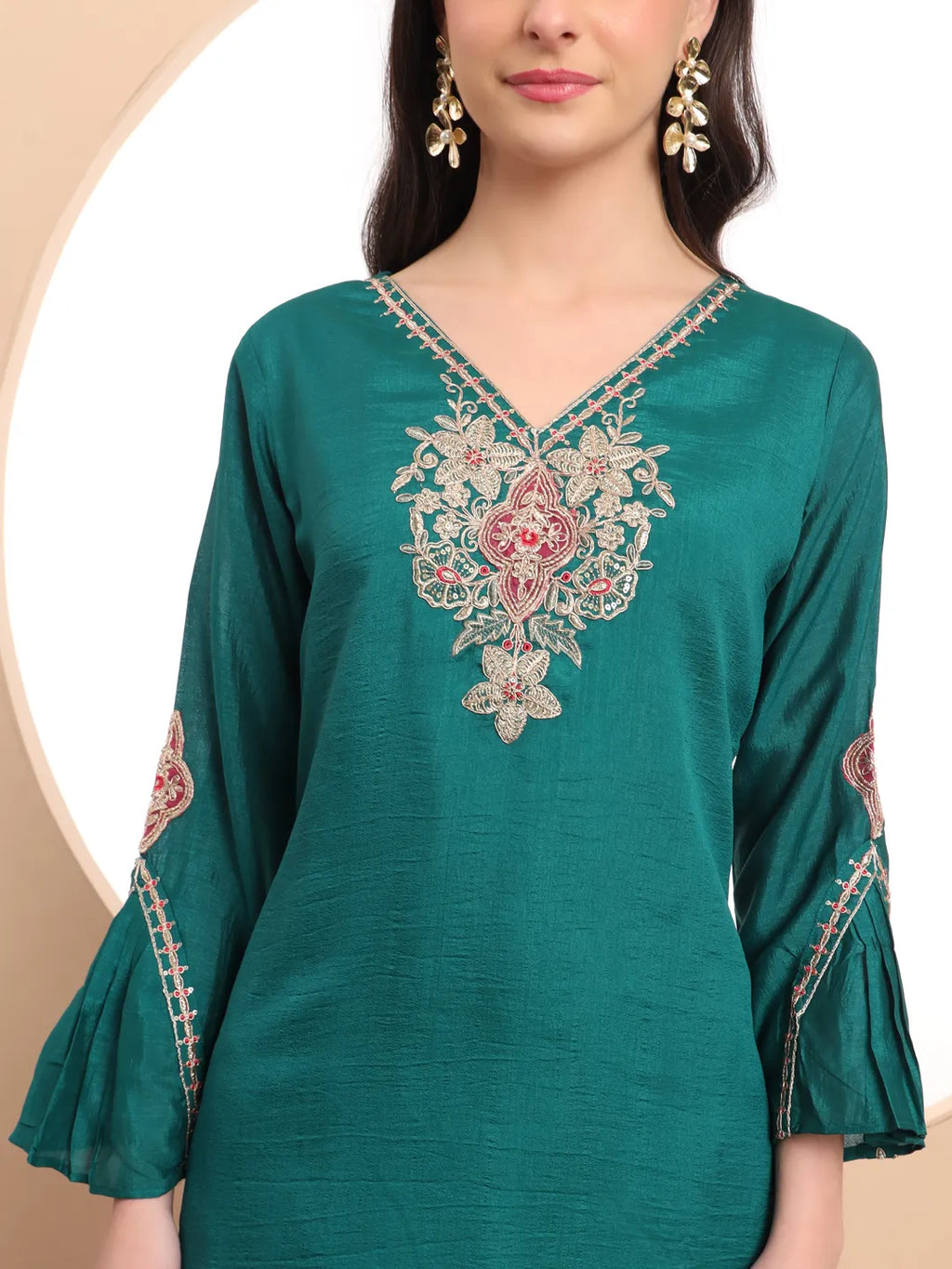 Yufta Teal Green Embroidered Kurta With Pant And Dupatta Comes With Cotton Lining | Grocsy