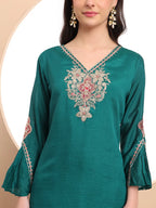 Yufta Teal Green Embroidered Kurta With Pant And Dupatta Comes With Cotton Lining | Grocsy