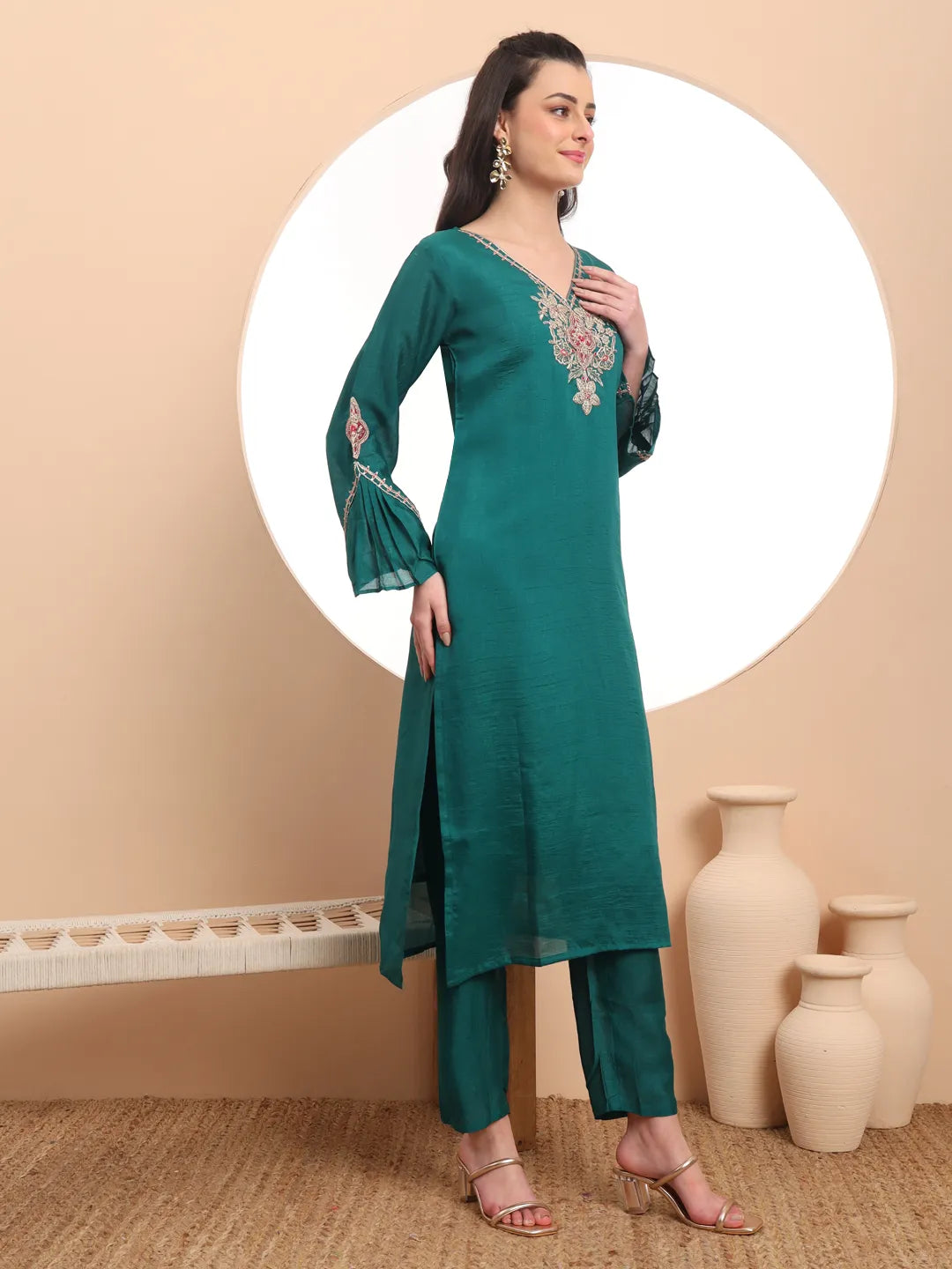 Yufta Teal Green Embroidered Kurta With Pant And Dupatta Comes With Cotton Lining | Grocsy