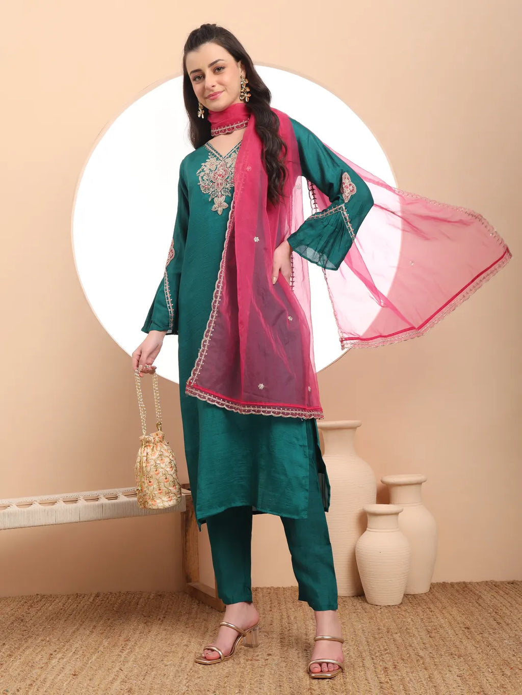 Yufta Teal Green Embroidered Kurta With Pant And Dupatta Comes With Cotton Lining | Grocsy