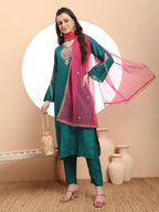 Yufta Teal Green Embroidered Kurta With Pant And Dupatta Comes With Cotton Lining | Grocsy