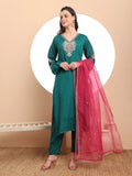 Yufta Teal Green Embroidered Kurta With Pant And Dupatta Comes With Cotton Lining | Grocsy