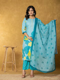 Yufta Teal Green Linen Kurta Dupatta Pant Set | Grocsy