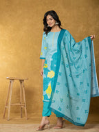 Yufta Teal Green Linen Kurta Dupatta Pant Set | Grocsy