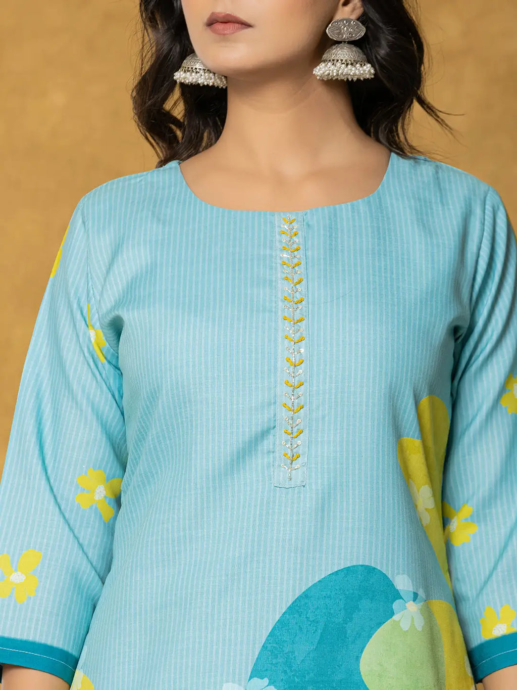 Yufta Teal Green Linen Kurta Dupatta Pant Set | Grocsy