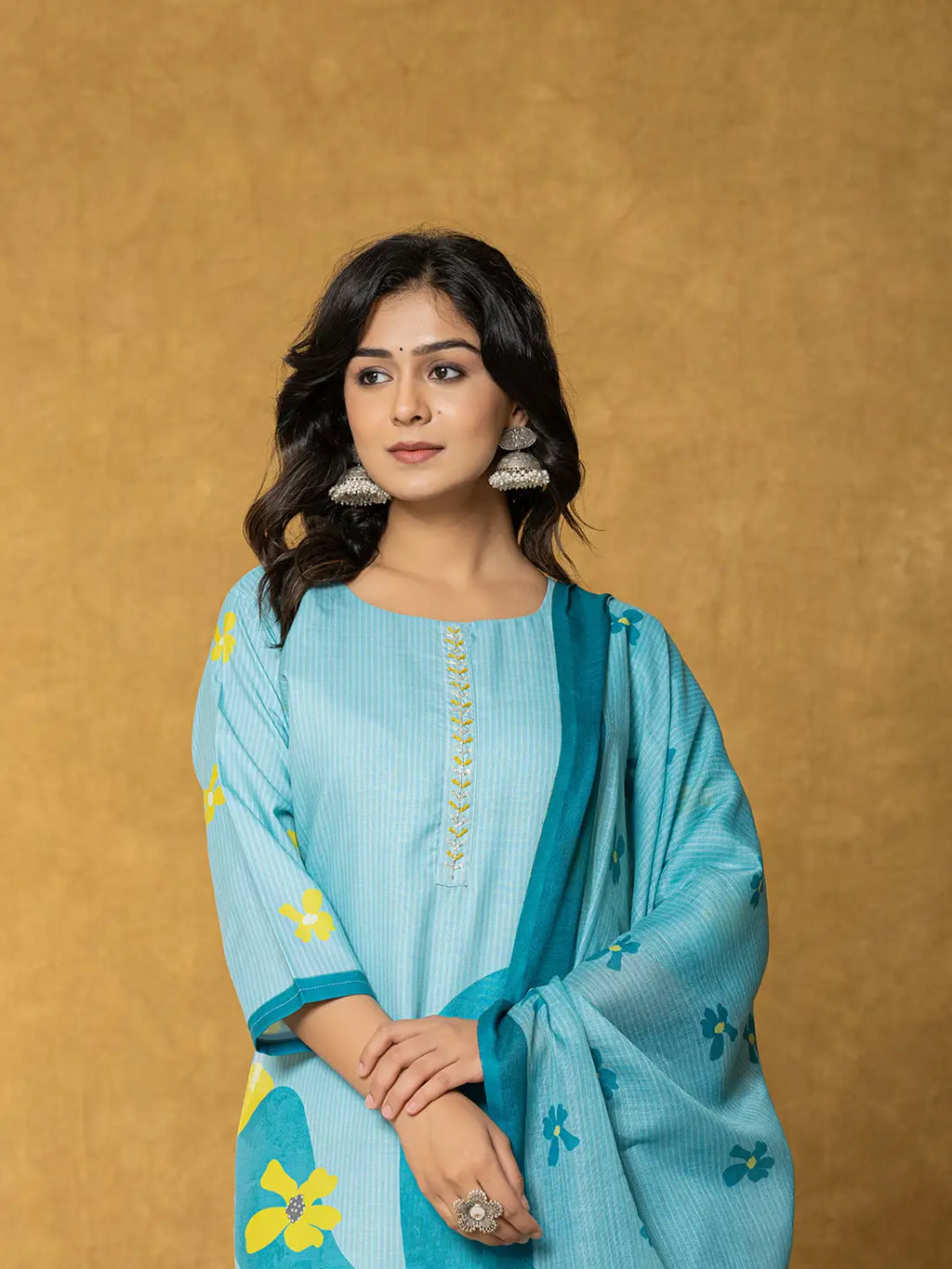 Yufta Teal Green Linen Kurta Dupatta Pant Set | Grocsy