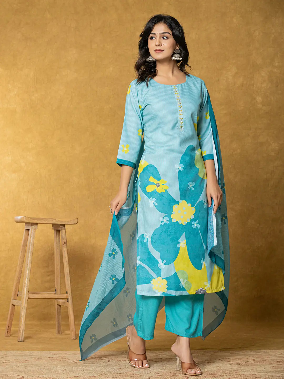 Yufta Teal Green Linen Kurta Dupatta Pant Set | Grocsy